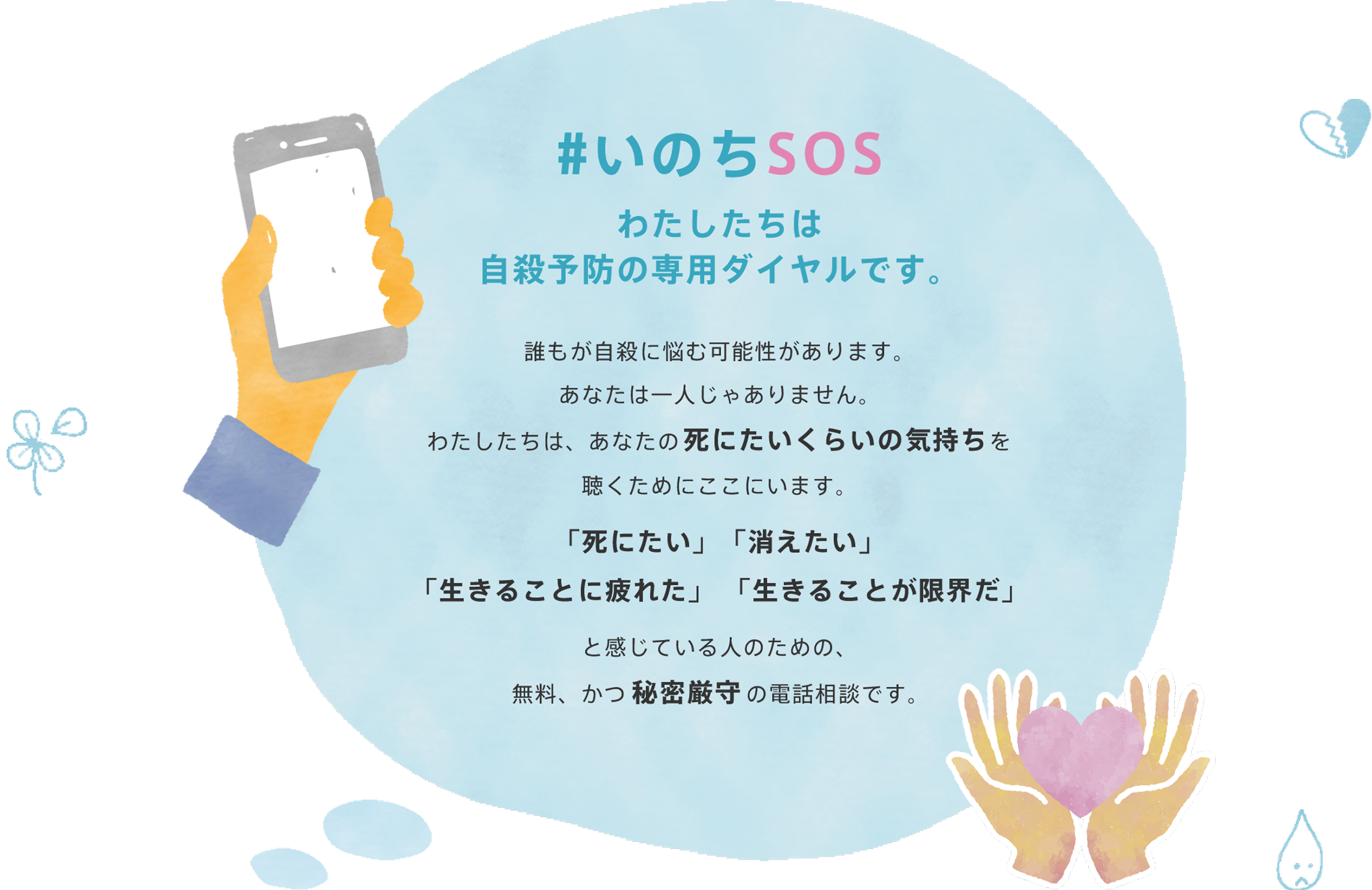 #いのちSOS　わたしたちは自殺予防の専用ダイヤルです。誰もが自殺に悩む可能性があります。あなたは一人じゃありません。わたしたちは、あなたの死にたいくらいの気持ちを聴くためにここにいます。「死にたい」「消えたい」「生きることに疲れた」「生きることが限界だ」と感じている人のための、無料、かつ秘密厳守の電話相談です。